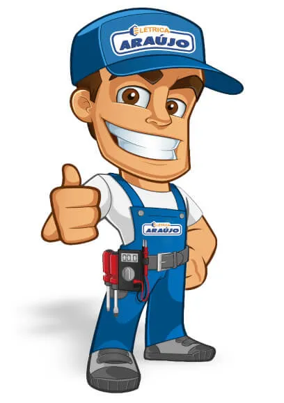 Mascote da Elétrica Araújo usando uniforme de eletricista na cor azul.